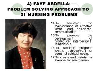 4) FAYE ABDELLA: PROBLEM SOLVING APPROACH TO  21 NURSING PROBLEMS 14.To facilitate the maintenance of effective verbal and non-verbal communication.  15.To promote the development of productive interpersonal relationship. 16.To facilitate progress toward achievement of personal spiritual goals. 17.To create and maintain a therapeutic environment. 