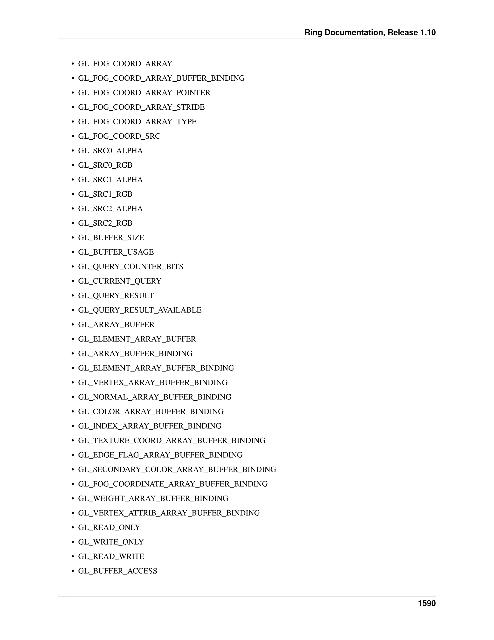 Ring Documentation, Release 1.10
• GL_FOG_COORD_ARRAY
• GL_FOG_COORD_ARRAY_BUFFER_BINDING
• GL_FOG_COORD_ARRAY_POINTER
• GL_FOG_COORD_ARRAY_STRIDE
• GL_FOG_COORD_ARRAY_TYPE
• GL_FOG_COORD_SRC
• GL_SRC0_ALPHA
• GL_SRC0_RGB
• GL_SRC1_ALPHA
• GL_SRC1_RGB
• GL_SRC2_ALPHA
• GL_SRC2_RGB
• GL_BUFFER_SIZE
• GL_BUFFER_USAGE
• GL_QUERY_COUNTER_BITS
• GL_CURRENT_QUERY
• GL_QUERY_RESULT
• GL_QUERY_RESULT_AVAILABLE
• GL_ARRAY_BUFFER
• GL_ELEMENT_ARRAY_BUFFER
• GL_ARRAY_BUFFER_BINDING
• GL_ELEMENT_ARRAY_BUFFER_BINDING
• GL_VERTEX_ARRAY_BUFFER_BINDING
• GL_NORMAL_ARRAY_BUFFER_BINDING
• GL_COLOR_ARRAY_BUFFER_BINDING
• GL_INDEX_ARRAY_BUFFER_BINDING
• GL_TEXTURE_COORD_ARRAY_BUFFER_BINDING
• GL_EDGE_FLAG_ARRAY_BUFFER_BINDING
• GL_SECONDARY_COLOR_ARRAY_BUFFER_BINDING
• GL_FOG_COORDINATE_ARRAY_BUFFER_BINDING
• GL_WEIGHT_ARRAY_BUFFER_BINDING
• GL_VERTEX_ATTRIB_ARRAY_BUFFER_BINDING
• GL_READ_ONLY
• GL_WRITE_ONLY
• GL_READ_WRITE
• GL_BUFFER_ACCESS
1590
 