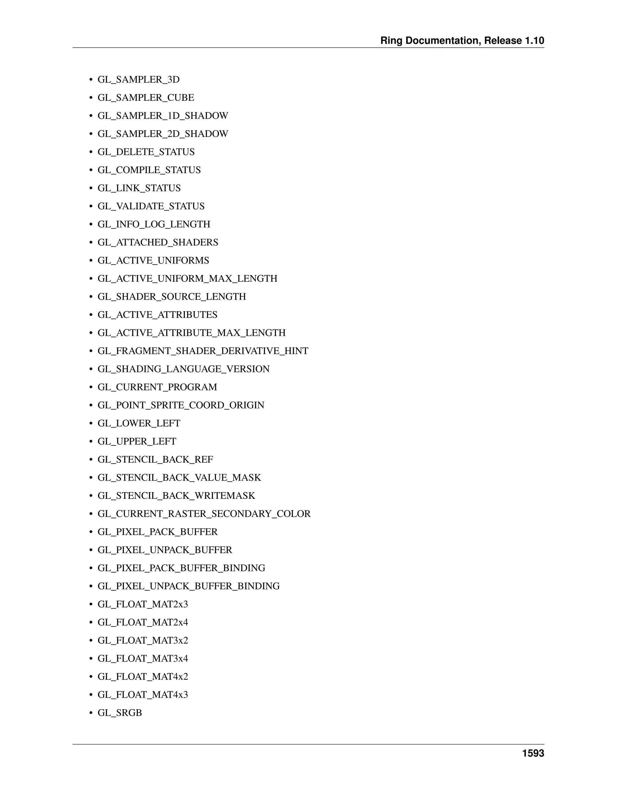 Ring Documentation, Release 1.10
• GL_SAMPLER_3D
• GL_SAMPLER_CUBE
• GL_SAMPLER_1D_SHADOW
• GL_SAMPLER_2D_SHADOW
• GL_DELETE_STATUS
• GL_COMPILE_STATUS
• GL_LINK_STATUS
• GL_VALIDATE_STATUS
• GL_INFO_LOG_LENGTH
• GL_ATTACHED_SHADERS
• GL_ACTIVE_UNIFORMS
• GL_ACTIVE_UNIFORM_MAX_LENGTH
• GL_SHADER_SOURCE_LENGTH
• GL_ACTIVE_ATTRIBUTES
• GL_ACTIVE_ATTRIBUTE_MAX_LENGTH
• GL_FRAGMENT_SHADER_DERIVATIVE_HINT
• GL_SHADING_LANGUAGE_VERSION
• GL_CURRENT_PROGRAM
• GL_POINT_SPRITE_COORD_ORIGIN
• GL_LOWER_LEFT
• GL_UPPER_LEFT
• GL_STENCIL_BACK_REF
• GL_STENCIL_BACK_VALUE_MASK
• GL_STENCIL_BACK_WRITEMASK
• GL_CURRENT_RASTER_SECONDARY_COLOR
• GL_PIXEL_PACK_BUFFER
• GL_PIXEL_UNPACK_BUFFER
• GL_PIXEL_PACK_BUFFER_BINDING
• GL_PIXEL_UNPACK_BUFFER_BINDING
• GL_FLOAT_MAT2x3
• GL_FLOAT_MAT2x4
• GL_FLOAT_MAT3x2
• GL_FLOAT_MAT3x4
• GL_FLOAT_MAT4x2
• GL_FLOAT_MAT4x3
• GL_SRGB
1593
 