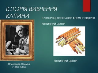 ІСТОРІЯ ВИВЧЕННЯ
КЛІТИНИ
Олександр Флемінг
(1843-1905)
В 1876 РОЦІ ОЛЕКСАНДР ФЛЕМІНГ ВІДКРИВ
КЛІТИННИЙ ЦЕНТР
КЛІТИННИЙ ЦЕНТР
 