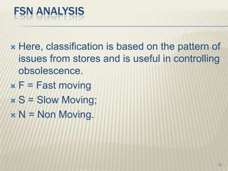 FSN ANALYSIS


 Here, classification is based on the pattern of
  issues from stores and is useful in controlling
  obsolescence.
 F = Fast moving

 S = Slow Moving;

 N = Non Moving.




                                                10
 