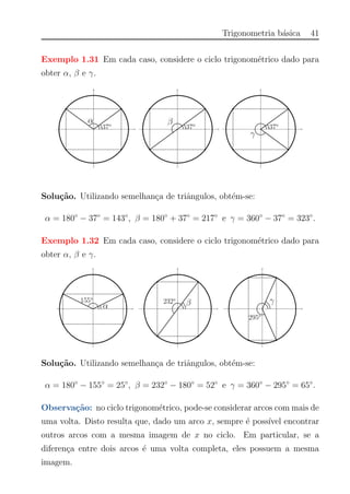 Trigonometria b´asica 41
Exemplo 1.31 Em cada caso, considere o ciclo trigonom´etrico dado para
obter α, β e γ.
Solu¸c˜ao. Utilizando semelhan¸ca de triˆangulos, obt´em-se:
α = 180◦
− 37◦
= 143◦
, β = 180◦
+ 37◦
= 217◦
e γ = 360◦
− 37◦
= 323◦
.
Exemplo 1.32 Em cada caso, considere o ciclo trigonom´etrico dado para
obter α, β e γ.
Solu¸c˜ao. Utilizando semelhan¸ca de triˆangulos, obt´em-se:
α = 180◦
− 155◦
= 25◦
, β = 232◦
− 180◦
= 52◦
e γ = 360◦
− 295◦
= 65◦
.
Observa¸c˜ao: no ciclo trigonom´etrico, pode-se considerar arcos com mais de
uma volta. Disto resulta que, dado um arco x, sempre ´e poss´ıvel encontrar
outros arcos com a mesma imagem de x no ciclo. Em particular, se a
diferen¸ca entre dois arcos ´e uma volta completa, eles possuem a mesma
imagem.
 
