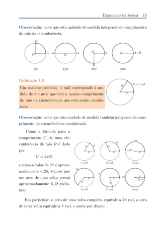 Trigonometria b´asica 15
Observa¸c˜ao: note que esta unidade de medida independe do comprimento
do raio da circunferˆencia.
Deﬁni¸c˜ao 1.5
Um radiano (s´ımbolo: 1 rad) corresponde `a me-
dida de um arco que tem o mesmo comprimento
do raio da circunferˆencia que est´a sendo conside-
rada.
Observa¸c˜ao: note que esta unidade de medida tamb´em independe do com-
primento da circunferˆencia considerada.
Como a f´ormula para o
comprimento C de uma cir-
cunferˆencia de raio R ´e dada
por
C = 2πR,
e como o valor de 2π ´e aproxi-
madamente 6, 28, tem-se que
um arco de uma volta possui
aproximadamente 6, 28 radia-
nos.
Em particular, o arco de uma volta completa equivale a 2π rad, o arco
de meia volta equivale a π rad, e assim por diante.
 