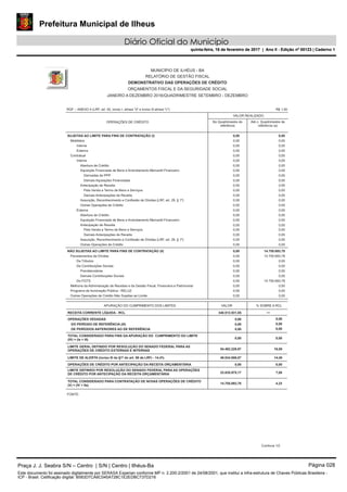 Prefeitura Municipal de Ilheus
Diário Oficial do Município
quinta-feira, 16 de fevereiro de 2017 | Ano II - Edição nº 00123 | Caderno 1
MUNICÍPIO DE ILHÉUS - BA
RELATÓRIO DE GESTÃO FISCAL
DEMONSTRATIVO DAS OPERAÇÕES DE CRÉDITO
ORÇAMENTOS FISCAL E DA SEGURIDADE SOCIAL
JANEIRO A DEZEMBRO 2016/QUADRIMESTRE SETEMBRO - DEZEMBRO
RGF – ANEXO 4 (LRF, art. 55, inciso I, alínea "d" e inciso III alínea "c")
SUJEITAS AO LIMITE PARA FINS DE CONTRATAÇÃO (I)
NÃO SUJEITAS AO LIMITE PARA FINS DE CONTRATAÇÃO (II)
Mobiliária
Contratual
Parcelamentos de Dívidas
Melhoria da Administração de Receitas e da Gestão Fiscal, Financeira e Patrimonial
Programa de Iluminação Pública - RELUZ
Outras Operações de Crédito Não Sujeitas ao Limite
Interna
Externa
Interna
Externa
De Tributos
De Contribuições Sociais
Do FGTS
Abertura de Crédito
Aquisição Financiada de Bens e Arrendamento Mercantil Financeiro
Antecipação de Receita
Assunção, Reconhecimento e Confissão de Dívidas (LRF, art. 29, § 1º)
Outras Operações de Crédito
Abertura de Crédito
Aquisição Financiada de Bens e Arrendamento Mercantil Financeiro
Antecipação de Receita
Assunção, Reconhecimento e Confissão de Dívidas (LRF, art. 29, § 1º)
Outras Operações de Crédito
Previdenciárias
Demais Contribuições Sociais
Derivadas de PPP
Demais Aquisições Financiadas
Pela Venda a Termo de Bens e Serviços
Demais Antecipações de Receita
Pela Venda a Termo de Bens e Serviços
Demais Antecipações de Receita
OPERAÇÕES DE CRÉDITO No Quadrimestre de
referência
0,00
0,00
0,00
0,00
0,00
0,00
0,00
0,00
0,00
0,00
0,00
0,00
0,00
0,00
0,00
0,00
0,00
0,00
0,00
0,00
0,00
0,00
0,00
0,00
0,00
0,00
0,00
0,00
0,00
0,00
0,00
0,00
0,00
VALOR REALIZADO
Até o Quadrimestre de
referência (a)
0,00
0,00
0,00
0,00
0,00
0,00
0,00
0,00
0,00
0,00
0,00
0,00
0,00
0,00
0,00
0,00
0,00
0,00
0,00
0,00
0,00
0,00
0,00
14.755.693,78
14.755.693,78
0,00
0,00
0,00
0,00
14.755.693,78
0,00
0,00
0,00
R$ 1,00
RECEITA CORRENTE LÍQUIDA - RCL
OPERAÇÕES VEDADAS
TOTAL CONSIDERADO PARA FINS DA APURAÇÃO DO CUMPRIMENTO DO LIMITE
(IV) = (Ia + III)
LIMITE GERAL DEFINIDO POR RESOLUÇÃO DO SENADO FEDERAL PARA AS
OPERAÇÕES DE CRÉDITO EXTERNAS E INTERNAS
LIMITE DE ALERTA (inciso III do §1º do art. 59 da LRF) - 14,4%
OPERAÇÕES DE CRÉDITO POR ANTECIPAÇÃO DA RECEITA ORÇAMENTÁRIA
LIMITE DEFINIDO POR RESOLUÇÃO DO SENADO FEDERAL PARA AS OPERAÇÕES
DE CRÉDITO POR ANTECIPAÇÃO DA RECEITA ORÇAMENTÁRIA
TOTAL CONSIDERADO PARA CONTRATAÇÃO DE NOVAS OPERAÇÕES DE CRÉDITO
(V) = (IV + IIa)
DO PERÍODO DE REFERÊNCIA (III)
DE PERÍODOS ANTERIORES AO DE REFERÊNCIA
APURAÇÃO DO CUMPRIMENTO DOS LIMITES
340.513.931,05
0,00
0,00
0,00
0,00
54.482.228,97
49.034.006,07
0,00
23.835.975,17
14.755.693,78
VALOR % SOBRE A RCL
0,00
0,00
0,00
0,00
0,00
4,33
—
16,00
14,40
7,00
FONTE:
Continua 1/2
Praça J. J. Seabra S/N – Centro | S/N | Centro | Ilhéus-Ba Página 028
Este documento foi assinado digitalmente por SERASA Experian conforme MP n. 2.200-2/2001 de 24/08/2001, que institui a infra-estrutura de Chaves Públicas Brasileira -
ICP - Brasil. Cetificação diigital: B583D7CA6C045A728C1E2EDBC737D216
Prefeitura Municipal de Ilheus
Diário Oficial do Município
quinta-feira, 16 de fevereiro de 2017 | Ano II - Edição nº 00123 | Caderno 1
 