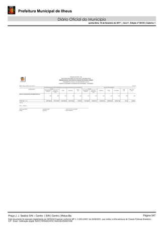 Prefeitura Municipal de Ilheus
Diário Oficial do Município
quinta-feira, 16 de fevereiro de 2017 | Ano II - Edição nº 00123 | Caderno 1
RP NÃO PROCESSADOS
R$ 1,00
Pagos Cancelados
Saldo
(a)
Inscritos
Liquidados Pagos Cancelados
Saldo
(b)
Saldo Total
(a+b)
Município de Ilhéus - BA
RELATÓRIO RESUMIDO DA EXECUÇÃO ORÇAMENTÁRIA
DEMONSTRATIVO DOS RESTOS A PAGAR POR PODER E ÓRGÃO
ORÇAMENTOS FISCAL E DA SEGURIDADE SOCIAL
JANEIRO A DEZEMBRO 2016/BIMESTRE NOVEMBRO - DEZEMBRO
RP PROCESSADOS E NÃO PROCESSADOS LIQUIDADOS EM EXERCÍCIOS ANTERIORES
Em Exercícios
Anteriores
Inscritos
RREO - Anexo 7 (LRF, art. 53, inciso V)
PODER/ÓRGÃO
Em 31 de
Dezembro de
2015
Em 31 de
Dezembro de
2015
Em Exercícios
Anteriores
- - - --RESTOS A PAGAR (INTRA-ORÇAMENTÁRIOS) (II) - - -- - - -
0,00 0,00 0,00 0,00 0,00 0,00 0,00 0,00 0,00 0,000,00 0,00
Prefeito Tesoureiro CRC 038.362/O-9
Leide Clere Alves Cavalcante
15.812.166,08 12.629.090,85 13.670.700,03 19.900,00 3.447.840,80 9.085.661,81 6.849.393,53 6.849.393,53 5.683.914,98 194,10 20.094,10
Jabes Sousa Ribeiro Jorge Maron Neto
Ilhéus, 13/02/2017
10.507.524,80TOTAL (III) = (I + II):
FONTE:
Praça J. J. Seabra S/N – Centro | S/N | Centro | Ilhéus-Ba Página 047
Este documento foi assinado digitalmente por SERASA Experian conforme MP n. 2.200-2/2001 de 24/08/2001, que institui a infra-estrutura de Chaves Públicas Brasileira -
ICP - Brasil. Cetificação diigital: B257C76F8ADC4F0C1AACDE4352B37A9E
Prefeitura Municipal de Ilheus
Diário Oficial do Município
quinta-feira, 16 de fevereiro de 2017 | Ano II - Edição nº 00123 | Caderno 1
 