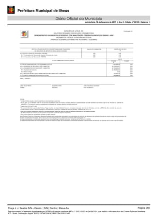 Prefeitura Municipal de Ilheus
Diário Oficial do Município
quinta-feira, 16 de fevereiro de 2017 | Ano II - Edição nº 00123 | Caderno 1
DEMONSTRATIVO DAS RECEITAS E DESPESAS COM MANUTENÇÃO E DESENVOLVIMENTO DO ENSINO – MDE
MUNICÍPIO DE ILHÉUS - BA
RELATÓRIO RESUMIDO DA EXECUÇÃO ORÇAMENTÁRIA
ORÇAMENTOS FISCAL E DA SEGURIDADE SOCIAL
JANEIRO A DEZEMBRO 2016/BIMESTRE NOVEMBRO - DEZEMBRO
Continuação 3/3
Prefeito
Jabes Sousa Ribeiro Jorge Maron Neto
Tesoureiro CRC 038.362/O-9
Leide Clere Alves Cavalcante
46- RESTOS A PAGAR DE DESPESAS COM MDE
FLUXO FINANCEIRO DOS RECURSOS
47- SALDO FINANCEIRO EM 31 DE DEZEMBRO DE 2015
48- (+) INGRESSO DE RECURSOS ATÉ O BIMESTRE
49- (-) PAGAMENTOS EFETUADOS ATÉ O BIMESTRE
50- (+) RECEITA DE APLICAÇÃO FINANCEIRA DOS RECURSOS ATÉ O BIMESTRE
46.1 - Executadas com Recursos de Impostos Vinculados ao Ensino
46.2 - Executadas com Recursos do FUNDEB
49.1 Orçamento do Exercício
49.2 Restos a Pagar
CANCELADO EM 2016
(j)
0,00
0,00
0,00
VALOR
1.040.299,08
62.236.034,67
62.769.492,55
62.769.492,55
0,00
103.107,26
0,00
0,00
0,00
0,00
0,00
0,00
SALDO ATÉ O BIMESTRE
0,00
0,00
0,00
Ilhéus, 13/02/2017
51- (=) SALDO FINANCEIRO NO EXERCÍCIO ATUAL 609.948,46 0,00
RESTOS A PAGAR INSCRITOS COM DISPONIBILIDADE FINANCEIRA
DE RECURSOS DE IMPOSTOS VINCULADOS AO ENSINO
FUNDEB
(i)
FUNDEF
FONTE:
6
5
4
3
2
1
Limites mínimos anuais a serem cumpridos no encerramento do exercício.
Art. 21, § 2º, Lei 11.494/2007: "Até 5% dos recursos recebidos à conta dos Fundos, inclusive relativos à complementação da União recebidos nos termos do §1º do art. 6º desta Lei, poderão ser
utilizados no 1º trimestre do exercício imediatamente subseqüente, mediante abertura de crédito adicional."
Caput do art. 212 da CF/1988
Os valores referentes à parcela dos Restos a Pagar inscritos sem disponibilidade financeira vinculada à educação deverão ser informados somente no RREO do último bimestre do exercício
Limites mínimos anuais a serem cumpridos no encerramento do exercício, no âmbito de atuação prioritária, conforme LDB, art. 11, V.
Nos cinco primeiros bimestres do exercício o acompanhamento poderá ser feito com base na despesa empenhada ou na despesa liquidada.
No último bimestre do exercício, o valor deverá corresponder ao total da despesa empenhada.
Nota: Durante o exercício, somente as despesas liquidadas são consideradas executadas. No encerramento do exercício, as despesas não liquidadas inscritas em restos a pagar não processados são
também consideradas executadas. Dessa forma, para maior transparência, as despesas executadas estão segregadas em:
a) Despesas liquidadas, consideradas aquelas em que houve a entrega do material ou serviço, nos termos do art. 63 da Lei 4.320/64;
b) Despesas empenhadas mas não liquidadas, inscritas em Restos a Pagar não processados, consideradas liquidadas no encerramento do exercício, por força do art.35, inciso II da Lei 4.320/64.
Essa coluna poderá ser apresentada somente no último bimestre.7
Praça J. J. Seabra S/N – Centro | S/N | Centro | Ilhéus-Ba Página 050
Este documento foi assinado digitalmente por SERASA Experian conforme MP n. 2.200-2/2001 de 24/08/2001, que institui a infra-estrutura de Chaves Públicas Brasileira -
ICP - Brasil. Cetificação diigital: B257C76F8ADC4F0C1AACDE4352B37A9E
Prefeitura Municipal de Ilheus
Diário Oficial do Município
quinta-feira, 16 de fevereiro de 2017 | Ano II - Edição nº 00123 | Caderno 1
 