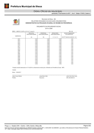 Prefeitura Municipal de Ilheus
Diário Oficial do Município
quinta-feira, 16 de fevereiro de 2017 | Ano II - Edição nº 00123 | Caderno 1
RREO – ANEXO 10 (LRF, art. 53, § 1º, inciso II)
EXERCÍCIO
Município de Ilhéus - BA
RELATÓRIO RESUMIDO DA EXECUÇÃO ORÇAMENTÁRIA
DEMONSTRATIVO DA PROJEÇÃO ATUARIAL DO REGIME DE PREVIDÊNCIA
ORÇAMENTO DA SEGURIDADE SOCIAL
2015 a 2089
RECEITAS
PREVIDENCIÁRIAS
(a)
DESPESAS
PREVIDENCIÁRIAS
(b)
RESULTADO
PREVIDENCIÁRIO
c = ( a - b )
SALDO FINANCEIRO
DO EXERCÍCIO
(d)=("d" exercício anterior) + (c)
R$ 1,00
2072 0,00 0,00 0,00 0,00
2073 0,00 0,00 0,00 0,00
2074 0,00 0,00 0,00 0,00
2075 0,00 0,00 0,00 0,00
2076 0,00 0,00 0,00 0,00
2077 0,00 0,00 0,00 0,00
2078 0,00 0,00 0,00 0,00
2079 0,00 0,00 0,00 0,00
2080 0,00 0,00 0,00 0,00
2081 0,00 0,00 0,00 0,00
2082 0,00 0,00 0,00 0,00
2083 0,00 0,00 0,00 0,00
2084 0,00 0,00 0,00 0,00
2085 0,00 0,00 0,00 0,00
2086 0,00 0,00 0,00 0,00
2087 0,00 0,00 0,00 0,00
2088 0,00 0,00 0,00 0,00
2089 0,00 0,00 0,00 0,00
Projeção atuarial elaborada em 31/12/2016 e oficialmente enviada para o Ministério da Previdência Social - MPS.
Ilhéus, 13/02/2017
Prefeito
Jabes Sousa Ribeiro
Tesoureiro
Jorge Maron Neto Leide Clere Alves Cava
CRC 038.362/O-9
FONTE:
Praça J. J. Seabra S/N – Centro | S/N | Centro | Ilhéus-Ba Página 053
Este documento foi assinado digitalmente por SERASA Experian conforme MP n. 2.200-2/2001 de 24/08/2001, que institui a infra-estrutura de Chaves Públicas Brasileira -
ICP - Brasil. Cetificação diigital: B257C76F8ADC4F0C1AACDE4352B37A9E
Prefeitura Municipal de Ilheus
Diário Oficial do Município
quinta-feira, 16 de fevereiro de 2017 | Ano II - Edição nº 00123 | Caderno 1
 