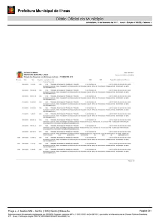 Prefeitura Municipal de Ilheus
Diário Oficial do Município
quinta-feira, 16 de fevereiro de 2017 | Ano II - Edição nº 00123 | Caderno 1
ESTADO DA BAHIA
PREFEITURA MUNICIPAL ILHEUS
Relação das Despesas com Sentenças Judiciais - 6º BIMESTRE 2016
Data: 28/01/2017
Processo Data Valor Empenho Credor CNPJ CPF
Histórico Resumido
Período: 01/11/2016 a 31/12/2016
Liquidação Projeto/Atividade/Elemento/Recurso
08/12/2016 3.018,08 1353 13.937.032/0001-60
BLOQUEIO JUDICIAL PARA PAGAMENTO DE REQUISIÇÃO DE PEQUENO VALOR (RPV) DE PROCESSOS TRABALHISTAS, REFERENTE AO MÊS
DE DEZEMBRO/2016.
TRIBUNAL REGIONAL DO TRABALHO 5ª REGIÃO5736 2.007.3.1.9.0.91.00.00.00.00.00.01.0000
09/12/2016 279.226,99 1353 13.937.032/0001-60
BLOQUEIO JUDICIAL PARA PAGAMENTO DE REQUISIÇÃO DE PEQUENO VALOR (RPV) DE PROCESSOS TRABALHISTAS, REFERENTE AO MÊS
DE DEZEMBRO/2016.
TRIBUNAL REGIONAL DO TRABALHO 5ª REGIÃO5730 2.007.3.1.9.0.91.00.00.00.00.00.01.0000
09/12/2016 335.072,39 1353 13.937.032/0001-60
BLOQUEIO JUDICIAL PARA PAGAMENTO DE REQUISIÇÃO DE PEQUENO VALOR (RPV) DE PROCESSOS TRABALHISTAS, REFERENTE AO MÊS
DE DEZEMBRO/2016.
TRIBUNAL REGIONAL DO TRABALHO 5ª REGIÃO5726 2.007.3.1.9.0.91.00.00.00.00.00.01.0000
01/12/2016 59.627,84 1353 13.937.032/0001-60
BLOQUEIO JUDICIAL PARA PAGAMENTO DE REQUISIÇÃO DE PEQUENO VALOR (RPV) DE PROCESSOS TRABALHISTAS, REFERENTE AO MÊS
DE DEZEMBRO/2016.
TRIBUNAL REGIONAL DO TRABALHO 5ª REGIÃO5610 2.007.3.1.9.0.91.00.00.00.00.00.01.0000
01/12/2016 20.515,63 1353 13.937.032/0001-60
BLOQUEIO JUDICIAL PARA PAGAMENTO DE REQUISIÇÃO DE PEQUENO VALOR (RPV) DE PROCESSOS TRABALHISTAS, REFERENTE AO MÊS
DE DEZEMBRO/2016.
TRIBUNAL REGIONAL DO TRABALHO 5ª REGIÃO5604 2.007.3.1.9.0.91.00.00.00.00.00.01.0000
01/12/2016 1.289,79 1353 13.937.032/0001-60
BLOQUEIO JUDICIAL PARA PAGAMENTO DE REQUISIÇÃO DE PEQUENO VALOR (RPV) DE PROCESSOS TRABALHISTAS, REFERENTE AO MÊS
DE DEZEMBRO/2016.
TRIBUNAL REGIONAL DO TRABALHO 5ª REGIÃO5597 2.007.3.1.9.0.91.00.00.00.00.00.01.0000
09/12/2016 249.006,12 1322 13.937.032/0001-60
DEPÓSITO JUDICIAL PARA PAGAMENTO DE PRECATÓRIOS TRABALHISTAS (DJO), RETIDO NA 2ª COTA DO FPM - FUNDO DE PARTICIPAÇÃO
DOS MUNICÍPIOS, REFERENTE AO MÊS DE DEZEMBRO/2016.
TRIBUNAL REGIONAL DO TRABALHO 5ª REGIÃO5724 2.007.3.1.9.0.91.00.00.00.00.00.01.0000
29/12/2016 199.742,13 1477 13.937.032/0001-60
DEPÓSITO JUDICIAL PARA PAGAMENTO DE PRECATÓRIOS TRABALHISTAS (DJO), RETIDO NA 3ª COTA DO FPM - FUNDO DE PARTICIPAÇÃO
DOS MUNICÍPIOS, REFERENTE AO MÊS DE DEZEMBRO/2016.
TRIBUNAL REGIONAL DO TRABALHO 5ª REGIÃO6390 2.007.3.1.9.0.91.00.00.00.00.00.01.0000
30/12/2016 430.744,47 1477 13.937.032/0001-60
DEPÓSITO JUDICIAL PARA PAGAMENTO DE PRECATÓRIOS TRABALHISTAS (DJO), RETIDO NA COTA DA REPATRIAÇÃO DO FPM - FUNDO DE
PARTICIPAÇÃO DOS MUNICÍPIOS, REFERENTE AO MÊS DE DEZEMBRO/2016.
TRIBUNAL REGIONAL DO TRABALHO 5ª REGIÃO6392 2.007.3.1.9.0.91.00.00.00.00.00.01.0000
04/11/2016 13.936,75 1253 13.937.032/0001-60
BLOQUEIO JUDICIAL PARA PAGAMENTO DE REQUISIÇÃO DE PEQUENO VALOR (RPV) DE PROCESSOS TRABALHISTAS, REFERENTE AO MÊS
DE NOVEMBRO/2016.
TRIBUNAL REGIONAL DO TRABALHO 5ª REGIÃO4336 5144 2.007.3.1.9.0.91.00.00.00.00.00.01.0000
04/11/2016 7.317,05 1253 13.937.032/0001-60
BLOQUEIO JUDICIAL PARA PAGAMENTO DE REQUISIÇÃO DE PEQUENO VALOR (RPV) DE PROCESSOS TRABALHISTAS, REFERENTE AO MÊS
DE NOVEMBRO/2016.
TRIBUNAL REGIONAL DO TRABALHO 5ª REGIÃO4337 5236 2.007.3.1.9.0.91.00.00.00.00.00.01.0000
04/11/2016 5.354,64 1253 13.937.032/0001-60
BLOQUEIO JUDICIAL PARA PAGAMENTO DE REQUISIÇÃO DE PEQUENO VALOR (RPV) DE PROCESSOS TRABALHISTAS, REFERENTE AO MÊS
DE NOVEMBRO/2016.
TRIBUNAL REGIONAL DO TRABALHO 5ª REGIÃO4338 5237 2.007.3.1.9.0.91.00.00.00.00.00.01.0000
Página: 2/4
Praça J. J. Seabra S/N – Centro | S/N | Centro | Ilhéus-Ba Página 061
Este documento foi assinado digitalmente por SERASA Experian conforme MP n. 2.200-2/2001 de 24/08/2001, que institui a infra-estrutura de Chaves Públicas Brasileira -
ICP - Brasil. Cetificação diigital: 9D079C0FD28960D8F442F364AB6AF23A
Prefeitura Municipal de Ilheus
Diário Oficial do Município
quinta-feira, 16 de fevereiro de 2017 | Ano II - Edição nº 00123 | Caderno 1
 