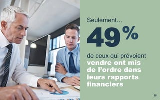 10
Seulement…
49 
%
de ceux qui prévoient
vendre ont mis
de l’ordre dans
leurs rapports
financiers
 