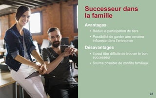22
Successeur dans
la famille
Avantages
§  Réduit la participation de tiers
§  Possibilité de garder une certaine
influence dans l’entreprise
Désavantages
§  Il peut être difficile de trouver le bon
successeur
§  Source possible de conflits familiaux
 