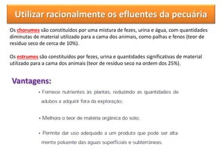 Utilizar racionalmente os efluentes da pecuária
Vantagens:
Os chorumes são constituídos por uma mistura de fezes, urina e água, com quantidades
diminutas de material utilizado para a cama dos animais, como palhas e fenos (teor de
resíduo seco de cerca de 10%).
Os estrumes são constituídos por fezes, urina e quantidades significativas de material
utilizado para a cama dos animais (teor de resíduo seco na ordem dos 25%).
 