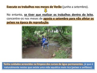 Execute os trabalhos nos meses de Verão (junho a setembro).
No entanto, se tiver que realizar os trabalhos dentro do leito,
concentre-os nos meses de agosto e setembro para não afetar os
peixes na época de reprodução;
Tenha cuidados acrescidos na limpeza dos cursos de água permanentes, já que é
naturalmente nestes que existe uma vida aquática mais rica (peixes e anfíbios).
 
