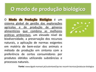 O modo de produção biológico
O Modo de Produção Biológico é um
sistema global de gestão das explorações
agrícolas e de produção de géneros
alimentícios que combina as melhores
práticas ambientais, um elevado nível de
biodiversidade, a preservação dos recursos
naturais, a aplicação de normas exigentes
em matéria de bem-estar dos animais e
método de produção em sintonia com a
preferência de certos consumidores por
produtos obtidos utilizando substâncias e
processos naturais.
Fonte: www.dgadr.mamaot.pt/sustentavel/ap-tec-reconh-tecnicos/producao-biologica
 
