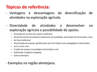 Tópicos de referência:
- Vantagens e desvantagens da diversificação de
atividades na exploração agrícola.
- Diversidade de atividades a desenvolver na
exploração agrícola e possibilidade de apoios.
– Prestação de serviços de carácter ambiental
– Desenvolvimento de produtos tradicionais de qualidade, valorização de construções rurais
– de traça tradicional
– Dinamização de espaços agroflorestais para fins lúdicos e/ou pedagógicos relacionados
– com o meio rural
– Criação de espaços museológicos de temática rural
– Exploração cinegética integrada
– Outros exemplos
- Exemplos na região alentejana.
 