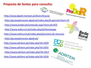 Proposta de fontes para consulta:
-http://www.dgadr.mamaot.pt/diversificacao
- http://guiaexploracoes.dgadr.pt/index.php/8-agricola?start=15
- http://www.proder.pt/conteudo.aspx?menuid=453
- http://www.rederural.pt/index.php/pt/homepage
-http://www.rederural.pt/index.php/pt/centro-de-recursos
- http://guiaexploracoes.dgadr.pt/
-http://www.adritem.pt/index.php?id=1029
-http://www.adritem.pt/index.php?id=1031
- http://www.adritem.pt/index.php?id=1017
-http://www.adritem.pt/index.php?id=1016
 