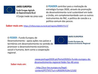 O FEADER contribui para a realização da
estratégia Europa 2020, através da promoção
do desenvolvimento rural sustentável em toda
a União, em complementaridade com os outros
instrumentos da PAC, a política de coesão e a
política comum das pescas.
Saber mais em: https://infoeuropa.eurocid.pt/registo/000057517/
-www.portugal2020.pt/Portal2020/o-fundo-europeu-de-
desenvolvimento-regional-feder-faz-40-anos
O FEDER - Fundo Europeu de
Desenvolvimento - apoia ações nos países e
territórios em desenvolvimento no sentido de
promover o desenvolvimento económico,
social e humano, bem como a cooperação
regional.
- http://eur-lex.europa.eu/legal-
content/PT/TXT/?uri=URISERV%3Ar12102
Saber mais em:
 