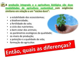 A produção integrada e a agricultura biológica são duas
modalidades de agricultura sustentável com exigências
similares em relação a um “núcleo duro”:
• a estabilidade dos ecossistemas;
• a biodiversidade;
• a fertilidade do solo;
• o ciclo dos nutrientes;
• o bem-estar dos animais;
• os parâmetros ecológicos da qualidade;
• os níveis de produção;
• a poluição e a qualidade de vida;
• formação do agricultor.
 