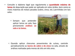 • Consulte o diploma legal que regulamenta a quantidade máxima de
lamas de depuração que pode ser aplicada em solos ácidos, bem como os
níveis máximos de metais pesados (cobre, zinco, etc.) permitidos em tais
solos.
• Sempre que pretender
aplicar lamas ao solo, faça
previamente análises ao
solo e às lamas.
• Quando aplicar chorumes provenientes de suínos, controle
periodicamente os teores de cobre e de zinco no solo, através de
análises realizadas pelo menos de três em três anos.
 