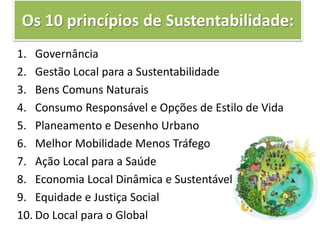 Os 10 princípios de Sustentabilidade:
1. Governância
2. Gestão Local para a Sustentabilidade
3. Bens Comuns Naturais
4. Consumo Responsável e Opções de Estilo de Vida
5. Planeamento e Desenho Urbano
6. Melhor Mobilidade Menos Tráfego
7. Ação Local para a Saúde
8. Economia Local Dinâmica e Sustentável
9. Equidade e Justiça Social
10. Do Local para o Global
 