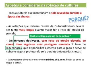 Aspetos a considerar na rotação de culturas
- Inclua culturas que mantenham o solo revestido durante a
época das chuvas;
- As rotações que incluam cereais de Outono/Inverno devem
ser tanto mais longas quanto maior for o risco de erosão da
parcela;
- Em terrenos declivosos, com risco de erosão elevado, ao
cereal deve seguir-se uma pastagem semeada à base de
leguminosas, que disponibiliza alimento para o gado e serve de
coberto vegetal protetor do solo durante a época das chuvas;
- Esta pastagem deve estar no solo um mínimo de 5 anos, findos os quais se
segue o cereal.
Qual a vantagem do uso desta cultura?
 