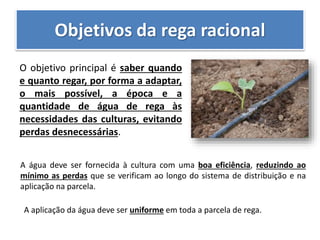 Objetivos da rega racional
O objetivo principal é saber quando
e quanto regar, por forma a adaptar,
o mais possível, a época e a
quantidade de água de rega às
necessidades das culturas, evitando
perdas desnecessárias.
A água deve ser fornecida à cultura com uma boa eficiência, reduzindo ao
mínimo as perdas que se verificam ao longo do sistema de distribuição e na
aplicação na parcela.
A aplicação da água deve ser uniforme em toda a parcela de rega.
 