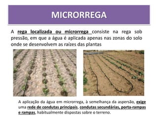 MICRORREGA
A rega localizada ou microrrega consiste na rega sob
pressão, em que a água é aplicada apenas nas zonas do solo
onde se desenvolvem as raízes das plantas
A aplicação da água em microrrega, à semelhança da aspersão, exige
uma rede de condutas principais, condutas secundárias, porta-rampas
e rampas, habitualmente dispostas sobre o terreno.
 
