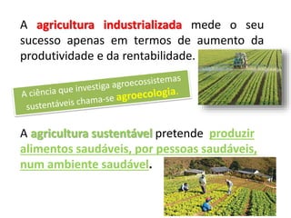 A agricultura industrializada mede o seu
sucesso apenas em termos de aumento da
produtividade e da rentabilidade.
A agricultura sustentável pretende produzir
alimentos saudáveis, por pessoas saudáveis,
num ambiente saudável.
 