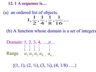 12. 1 A sequence is…
(a) an ordered list of objects.
(b) A function whose domain is a set of integers
Domain: 1, 2, 3, 4, …,n…
Range a1, a2, a3, a4, … an…
1 1 1 1
1, , , , ...
2 4 8 16
{(1, 1), (2, ½), (3, ¼), (4, 1/8) ….}
 