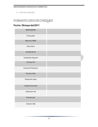 MANTENIMIENTOPREVENTIVOYCORRECTIVO
11
8. LISTA DE CHEQUEO
FORMATOLISTADECHEQUEO
Fecha: 30mayo del2011
MAIN BOARD
Procesador
Memoria RAM
Disco duro
Unidad de CD
Unidadde disquete
Puertos PCI
Puertos PCI Express
Puertos VGA
Tarjeta de video
Tarjeta de sonido
Tarjeta de red
Puertos ps2
Puertos USB
 