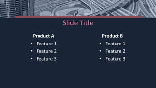 Slide Title
Product A
• Feature 1
• Feature 2
• Feature 3
Product B
• Feature 1
• Feature 2
• Feature 3
 