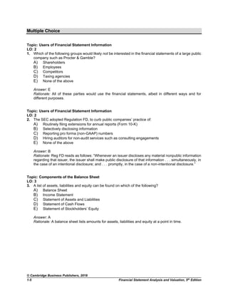 Financial Statement Rationale Test Bank for Financial Statement Analysis and Valuation, 5th Edition ...