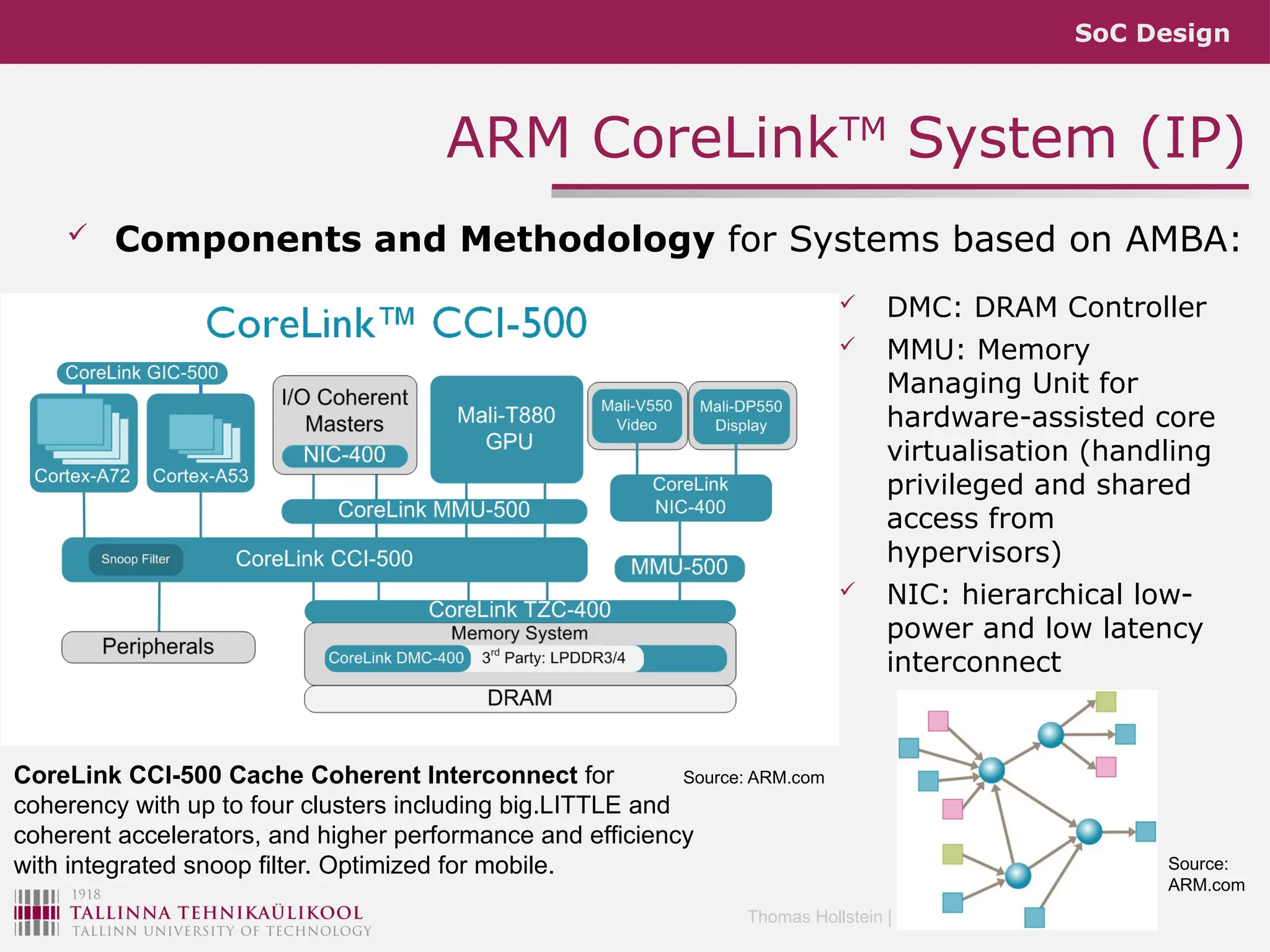 SoC Design
Thomas Hollstein | Kalle Tammemäe | Dept. of CS
ARM CoreLinkTM
System (IP)
 Components and Methodology for Systems based on AMBA:
Source: ARM.com
 DMC: DRAM Controller
 MMU: Memory
Managing Unit for
hardware-assisted core
virtualisation (handling
privileged and shared
access from
hypervisors)
 NIC: hierarchical low-
power and low latency
interconnect
Source:
ARM.com
CoreLink CCI-500 Cache Coherent Interconnect for
coherency with up to four clusters including big.LITTLE and
coherent accelerators, and higher performance and efficiency
with integrated snoop filter. Optimized for mobile.
 