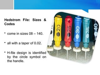 Hedstrom File: Sizes &
Codes
• come in sizes 08 – 140.
• all with a taper of 0.02.
• H-file design is identified
by the circle symbol on
the handle.
 