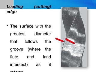 Leading (cutting)
edge
• The surface with the
greatest diameter
that follows the
groove (where the
flute and land
intersect) as it
 