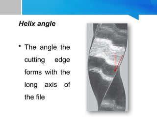 Helix angle
• The angle the
cutting edge
forms with the
long axis of
the file
 