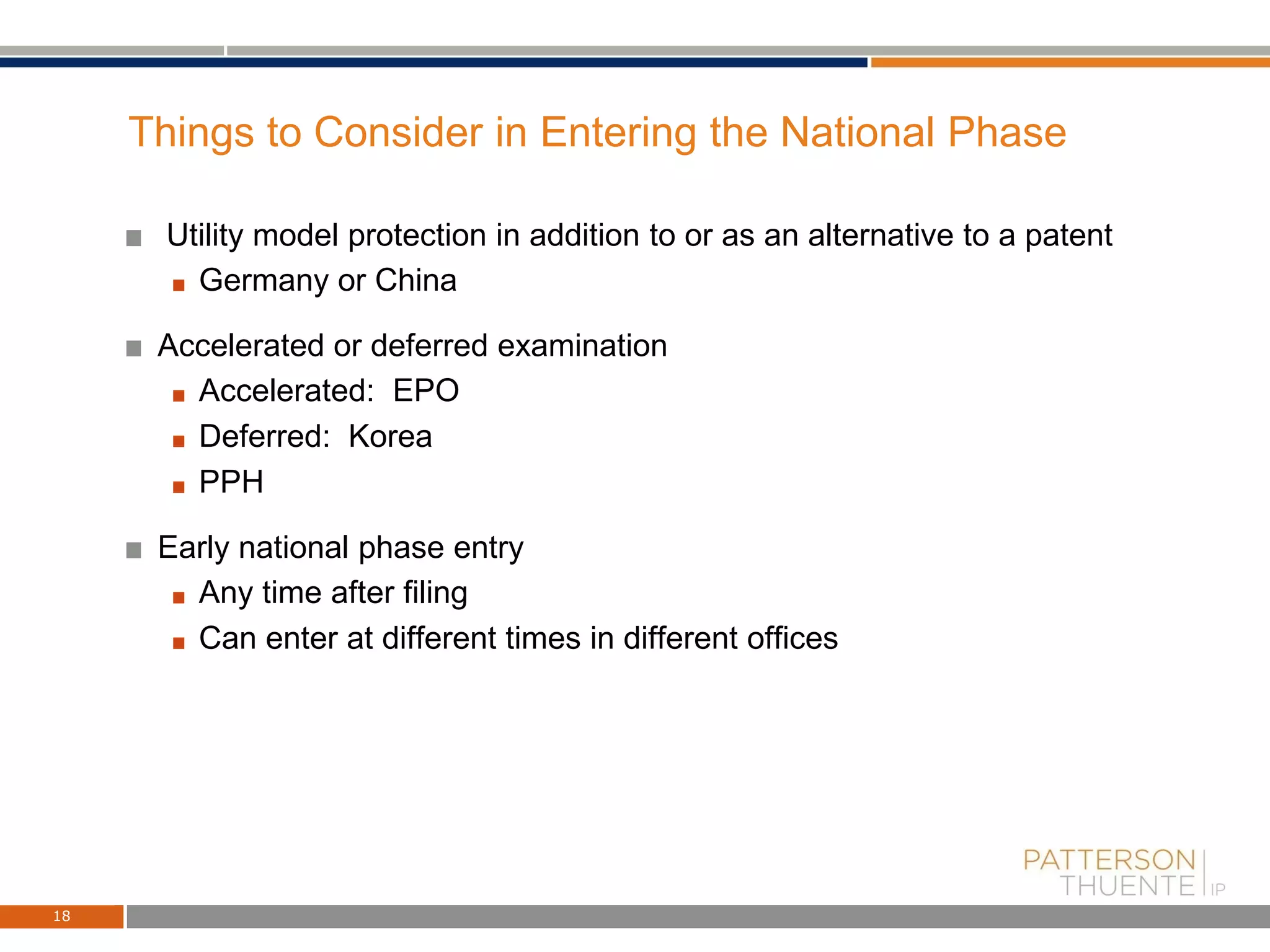 Things to Consider in Entering the National Phase
Utility model protection in addition to or as an alternative to a patent
Germany or China
Accelerated or deferred examination
Accelerated: EPO
Deferred: Korea
PPH
Early national phase entry
Any time after filing
Can enter at different times in different offices
18
 