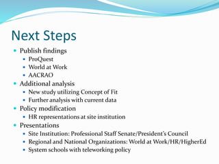 Next Steps
 Publish findings
 ProQuest
 World at Work
 AACRAO
 Additional analysis
 New study utilizing Concept of Fit
 Further analysis with current data
 Policy modification
 HR representations at site institution
 Presentations
 Site Institution: Professional Staff Senate/President’s Council
 Regional and National Organizations: World at Work/HR/HigherEd
 System schools with teleworking policy
 