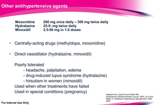 Other antihypertensive agents ,[object Object],[object Object],[object Object],[object Object],[object Object],[object Object],[object Object],[object Object],Moxonidine 200 mg once daily – 300 mg twice daily Hydralazine 25-5- mg twice daily Minoxidil 2.5-50 mg in 1-2 doses Adapted from: Oparil S and Weber MA. Hypertension.Elsevier/Sanders 2nd ed. 2005; L ip G and Bakris G. Handbook Hypertension Management. CMG 2006 For Internal Use Only 