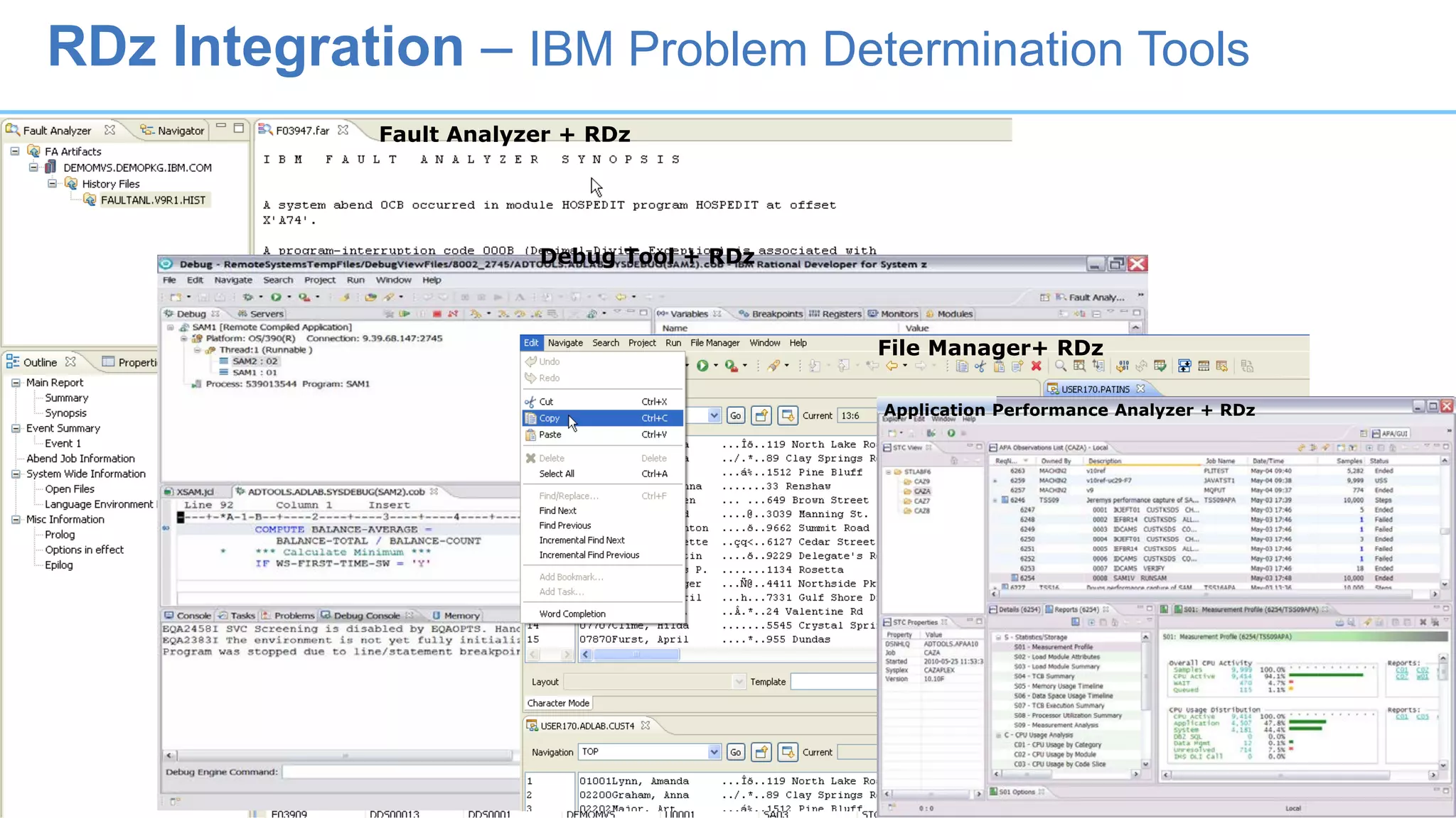 Fault Analyzer + RDz
Debug Tool + RDz
RDz Integration – IBM Problem Determination Tools
File Manager+ RDz
Application Performance Analyzer + RDz
 