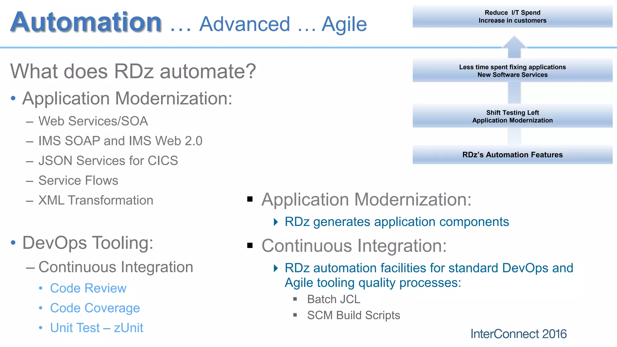 Automation … Advanced … Agile
What does RDz automate?
• Application Modernization:
– Web Services/SOA
– IMS SOAP and IMS Web 2.0
– JSON Services for CICS
– Service Flows
– XML Transformation
• DevOps Tooling:
– Continuous Integration
• Code Review
• Code Coverage
• Unit Test – zUnit
 Application Modernization:
 RDz generates application components
 Continuous Integration:
 RDz automation facilities for standard DevOps and
Agile tooling quality processes:
 Batch JCL
 SCM Build Scripts
RDz’s Automation Features
Shift Testing Left
Application Modernization
Less time spent fixing applications
New Software Services
Reduce I/T Spend
Increase in customers
 