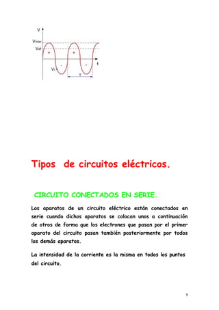 Tipos de circuitos eléctricos.S E
CIRCUITO CONECTADOS EN SERIE.
Los aparatos de un circuito eléctrico están conectados en
serie cuando dichos aparatos se colocan unos a continuación
de otros de forma que los electrones que pasan por el primer
aparato del circuito pasan también posteriormente por todos
los demás aparatos.
La intensidad de la corriente es la misma en todos los puntos
del circuito.ratos de un circuito eléctrico están
9
 