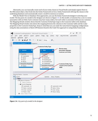 Chapter 1 ■ Getting Started with Entity Framework
9
Alternately, you can manually create each of your entity classes in Visual Studio and simply register them in
the DbContext object, then hook into the Entity Framework services. Entity Framework will map the classes to the
underlying databases and automatically create a model in memory at runtime.
With the Model-First or Database-First approaches, you use the Entity Framework designer to develop your
model. The key parts of a model in the designer are shown in Figure 1-6. In this model, a Customer has a one-to-many
association with an Order. Each customer may have many orders, but each order is associated with just one customer.
The Mapping Details window shows that the Customer EntityType maps to the Customer table in the database.
The Mapping Detail window also shows the mapping between the columns in the Customer table and the scalar
properties in the Customer EntityType. Keep in mind that you can make the same kind of mapping configurations
using the data annotations or fluent API features found in the Code First approach to using Entity Framework.
Figure 1-6. Key parts of a model in the designer
 