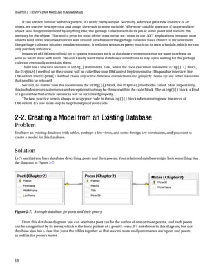 Chapter 2 ■ Entity Data Modeling Fundamentals
18
If you are not familiar with this pattern, it’s really pretty simple. Normally, when we get a new instance of an
object, we use the new operator and assign the result to some variable. When the variable goes out of scope and the
object is no longer referenced by anything else, the garbage collector will do its job at some point and reclaim the
memory for the object. That works great for most of the objects that we create in our .NET applications because most
objects hold on to resources that can wait around for whenever the garbage collector has a chance to reclaim them.
The garbage collector is rather nondeterministic. It reclaims resources pretty much on its own schedule, which we can
only partially influence.
Instances of DbContext hold on to system resources such as database connections that we want to release as
soon as we’re done with them. We don’t really want these database connections to stay open waiting for the garbage
collector eventually to reclaim them.
There are a few nice features of using() statements. First, when the code execution leaves the using() {} block,
the Dispose() method on the context will be called because DbContext implements the IDisposable interface. For
DbContext, the Dispose() method closes any active database connections and properly cleans up any other resources
that need to be released.
Second, no matter how the code leaves the using(){} block, the Dispose() method is called. Most importantly,
this includes return statements and exceptions that may be thrown within the code block. The using(){} block is kind
of a guarantee that critical resources will be reclaimed properly.
The best practice here is always to wrap your code in the using(){} block when creating new instances of
DbContext. It’s one more step to help bulletproof your code.
2-2. Creating a Model from an Existing Database
Problem
You have an existing database with tables, perhaps a few views, and some foreign key constraints, and you want to
create a model for this database.
Solution
Let’s say that you have database describing poets and their poetry. Your relational database might look something like
the diagram in Figure 2-7.
From this database diagram, you can see that a poet can be the author of one or more poems, and each poem
can be categorized by its meter, which is the basic pattern of a poem’s verse. It’s not shown in this diagram, but our
database also has a view that joins the tables together so that we can more easily enumerate each poet and poem,
as well as the poem’s meter.
Figure 2-7. A simple database for poets and their poetry
 