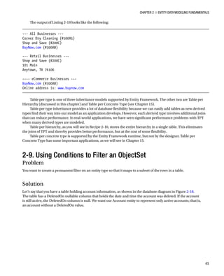 Chapter 2 ■ Entity Data Modeling Fundamentals
41
The output of Listing 2-19 looks like the following:
--- All Businesses ---
Corner Dry Cleaning (#100X1)
Shop and Save (#200C)
BuyNow.com (#300AB)
--- Retail Businesses ---
Shop and Save (#200C)
101 Main
Anytown, TX 76106
---- eCommerce Businesses ---
BuyNow.com (#300AB)
Online address is: www.buynow.com
Table per type is one of three inheritance models supported by Entity Framework. The other two are Table per
Hierarchy (discussed in this chapter) and Table per Concrete Type (see Chapter 15).
Table per type inheritance provides a lot of database flexibility because we can easily add tables as new derived
types find their way into our model as an application develops. However, each derived type involves additional joins
that can reduce performance. In real-world applications, we have seen significant performance problems with TPT
when many derived types are modeled.
Table per hierarchy, as you will see in Recipe 2-10, stores the entire hierarchy in a single table. This eliminates
the joins of TPT and thereby provides better performance, but at the cost of some flexibility.
Table per concrete type is supported by the Entity Framework runtime, but not by the designer. Table per
Concrete Type has some important applications, as we will see in Chapter 15.
2-9. Using Conditions to Filter an ObjectSet
Problem
You want to create a permanent filter on an entity type so that it maps to a subset of the rows in a table.
Solution
Let’s say that you have a table holding account information, as shown in the database diagram in Figure 2-18.
The table has a DeletedOn nullable column that holds the date and time the account was deleted. If the account
is still active, the DeletedOn column is null. We want our Account entity to represent only active accounts; that is,
an account without a DeletedOn value.
 