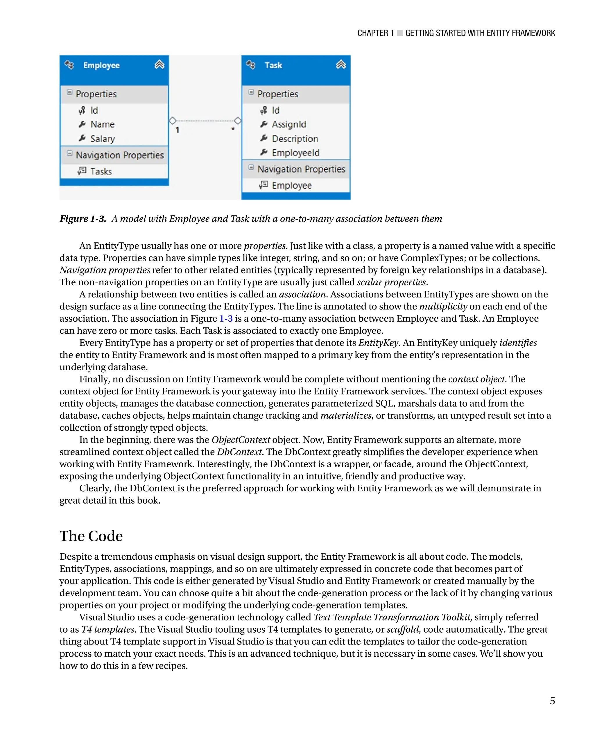 Chapter 1 ■ Getting Started with Entity Framework
5
An EntityType usually has one or more properties. Just like with a class, a property is a named value with a specific
data type. Properties can have simple types like integer, string, and so on; or have ComplexTypes; or be collections.
Navigation properties refer to other related entities (typically represented by foreign key relationships in a database).
The non-navigation properties on an EntityType are usually just called scalar properties.
A relationship between two entities is called an association. Associations between EntityTypes are shown on the
design surface as a line connecting the EntityTypes. The line is annotated to show the multiplicity on each end of the
association. The association in Figure 1-3 is a one-to-many association between Employee and Task. An Employee
can have zero or more tasks. Each Task is associated to exactly one Employee.
Every EntityType has a property or set of properties that denote its EntityKey. An EntityKey uniquely identifies
the entity to Entity Framework and is most often mapped to a primary key from the entity’s representation in the
underlying database.
Finally, no discussion on Entity Framework would be complete without mentioning the context object. The
context object for Entity Framework is your gateway into the Entity Framework services. The context object exposes
entity objects, manages the database connection, generates parameterized SQL, marshals data to and from the
database, caches objects, helps maintain change tracking and materializes, or transforms, an untyped result set into a
collection of strongly typed objects.
In the beginning, there was the ObjectContext object. Now, Entity Framework supports an alternate, more
streamlined context object called the DbContext. The DbContext greatly simplifies the developer experience when
working with Entity Framework. Interestingly, the DbContext is a wrapper, or facade, around the ObjectContext,
exposing the underlying ObjectContext functionality in an intuitive, friendly and productive way.
Clearly, the DbContext is the preferred approach for working with Entity Framework as we will demonstrate in
great detail in this book.
The Code
Despite a tremendous emphasis on visual design support, the Entity Framework is all about code. The models,
EntityTypes, associations, mappings, and so on are ultimately expressed in concrete code that becomes part of
your application. This code is either generated by Visual Studio and Entity Framework or created manually by the
development team. You can choose quite a bit about the code-generation process or the lack of it by changing various
properties on your project or modifying the underlying code-generation templates.
Visual Studio uses a code-generation technology called Text Template Transformation Toolkit, simply referred
to as T4 templates. The Visual Studio tooling uses T4 templates to generate, or scaffold, code automatically. The great
thing about T4 template support in Visual Studio is that you can edit the templates to tailor the code-generation
process to match your exact needs. This is an advanced technique, but it is necessary in some cases. We’ll show you
how to do this in a few recipes.
Figure 1-3. A model with Employee and Task with a one-to-many association between them
 