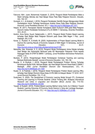 Jurnal Pendidikan Ekonomi Akuntansi Kewirausahaan
E-ISSN 2807-5420 P-ISSN 2798-9372
Vol. 1 No. 1 , 2021
Universitas Nusantara PGRI Kediri
https://ojs.unpkediri.ac.id/index.php/jpeaku |32
Fahrurozi, Moh ; Juaini, Muhammad; Kudesiah, S. (2016). Pengaruh Model Pembelajaran Make a
Match terhadap Aktivitas dan Hasil Belajar Siswa Pada Mata Pelajaran Ekonomi. Educatio,
II(2), 139–147.
Gunawan, A. I., & Amaliyah, I. (2018). Pengaruh Pendekatan Saintifik Dengan Menggunakan Model
Pembelajaran Inkuiri Terhadap Kemampuan Analisis Siswa Pada Mata Pelajaran Ekonomi.
Edunomic Jurnal Pendidikan Ekonomi, 5(1), 1. https://doi.org/10.33603/ejpe.v5i1.1071
Hasyim, M. (2011). Pencapaian Standar Kompetensi dalam Kurikulum 2006 pada Mata Pelajaran
Ekonomi melalui Pendekatan Kontextual (CTL) Di SMAN 11 Semarang. Dinamika Pendidikan,
VI(1), 45–61.
Ibrahim, Anna Sylvia; Suyuti; Nadjamuddin, L. (2017). Pengaruh Model Problem Based Learning
terhadap Hasil Belajar Mata Pelajaran Ekonomi pada Siswa SMA Negeri 1 Palu. Jurnal
Katalogis, 5(4), 9–20.
Komar, Z., Rusdarti, R., & Khafid, M. (2020). Implementation of Project Based Learning Model to
Improve the Learning Results of Economic Subjects of SMA Negeri 15 Semarang. Journal of
Economic Education, 10(1), 34–41.
https://journal.unnes.ac.id/sju/index.php/jeec/article/view/41335
Mahardika, Ade; Wulandari, S. S. (2019). Pengaruh Model Pembelajaran Active Debate terhadap
Hasil Belajar dan Ketrampilan Berbicara pada KD Menerapkan Pelayanan Prima kepada
Pelanggan Kelas XI OTKP Di SMKN 1 Jombang. Jurnal Pendidikan Administrasi Perkantoran,
07(03), 1–12.
Muntoko, P. (2012). Pengembangan Model Pembelajaran Contextual Teaching and Learning
Berbasis Multimedia Interaktif. Journal of Economic Education, 1(2), 130–138.
Muspita, Z., & Sholihah, I. (2019). Pengaruh Model Pembelajaran Problem Solving Terhadap
Kemampuan Berfikir Kritis, Motivasi Belajar, dan Hasil Belajar Ekonomi Siswa Kelas X SMAN 1
Masbagik. JPEK (Jurnal Pendidikan Ekonomi Dan Kewirausahaan), 3(1), 41.
https://doi.org/10.29408/jpek.v3i1.1525
Ruslan, D., & Pradinda, I. (2018). Pengaruh Model Pembelajaran Problem Based Learning (PBL)
terhadap Hasil Belajar Ekonomi Siswa Kelas XI IPS SMA Al-Hidayah Medan T.P 2016 / 2017.
Jurnal Ekonomi Pendidikan, 7(5), 17–22.
Sudarmiani, S. (2020). The Development of Economic Learning Model through CTL (Contextual
Teaching and Learning) to Promote Students’ Critical Thinking Skill. Budapest International
Research and Critics in Linguistics and Education (BirLE) Journal, 3(2), 714–723.
https://doi.org/10.33258/birle.v3i2.900
Taryadi, & Rusdarti. (2018). Problem-Based Learning Method Using Comic As A Medium Toward
Students’ Learning Outcomes Of Economy Social Science in Uang dan Lembaga Keuangan.
Journal of Economic Education, 7(1), 1–9. https://doi.org/10.15294/jeec.v7i1.21186.
 