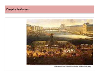 L’empire	
  du	
  discours	
  
Vue	
  de	
  Paris	
  sur	
  le	
  palais	
  du	
  Louvre,	
  prise	
  du	
  Pont-­‐Neuf	
  
 