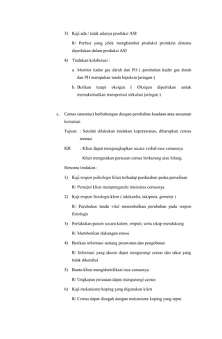 3) Kaji ada / tidak adanya produksi ASI
R/ Perfusi yang jelek menghambat produksi prolaktin dimana
diperlukan dalam produksi ASI
4) Tindakan kolaborasi :
a. Monitor kadar gas darah dan PH ( perubahan kadar gas darah
dan PH merupakan tanda hipoksia jaringan )
b. Berikan terapi oksigen ( Oksigen diperlukan untuk
memaksimalkan transportasi sirkulasi jaringan ).
c. Cemas (ansietas) berhubungan dengan perubahan keadaan atau ancaman
kematian
Tujuan : Setelah dilakukan tindakan keperawatan, diharapkan cemas
teratasi
KH : Klien dapat mengungkapkan secara verbal rasa cemasnya
Klien mengatakan perasaan cemas berkurang atau hilang.
Rencana tindakan :
1) Kaji respon psikologis klien terhadap perdarahan paska persalinan
R/ Persepsi klien mempengaruhi intensitas cemasnya
2) Kaji respon fisiologis klien ( takikardia, takipnea, gemetar )
R/ Perubahan tanda vital menimbulkan perubahan pada respon
fisiologis
3) Perlakukan pasien secara kalem, empati, serta sikap mendukung
R/ Memberikan dukungan emosi
4) Berikan informasi tentang perawatan dan pengobatan
R/ Informasi yang akurat dapat mengurangi cemas dan takut yang
tidak diketahui
5) Bantu klien mengidentifikasi rasa cemasnya
R/ Ungkapan perasaan dapat mengurangi cemas
6) Kaji mekanisme koping yang digunakan klien
R/ Cemas dapat dicegah dengan mekanisme koping yang tepat.
 