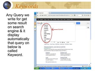 Keywords
Any Query we
write for get
some result
on search
engine & it
display
automatically
that query on
below is
called
Keyword.
 