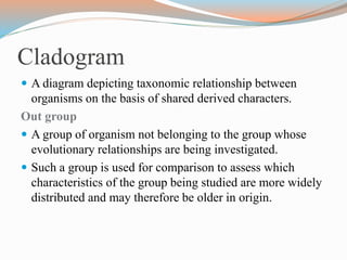 Cladogram
 A diagram depicting taxonomic relationship between
organisms on the basis of shared derived characters.
Out group
 A group of organism not belonging to the group whose
evolutionary relationships are being investigated.
 Such a group is used for comparison to assess which
characteristics of the group being studied are more widely
distributed and may therefore be older in origin.
 